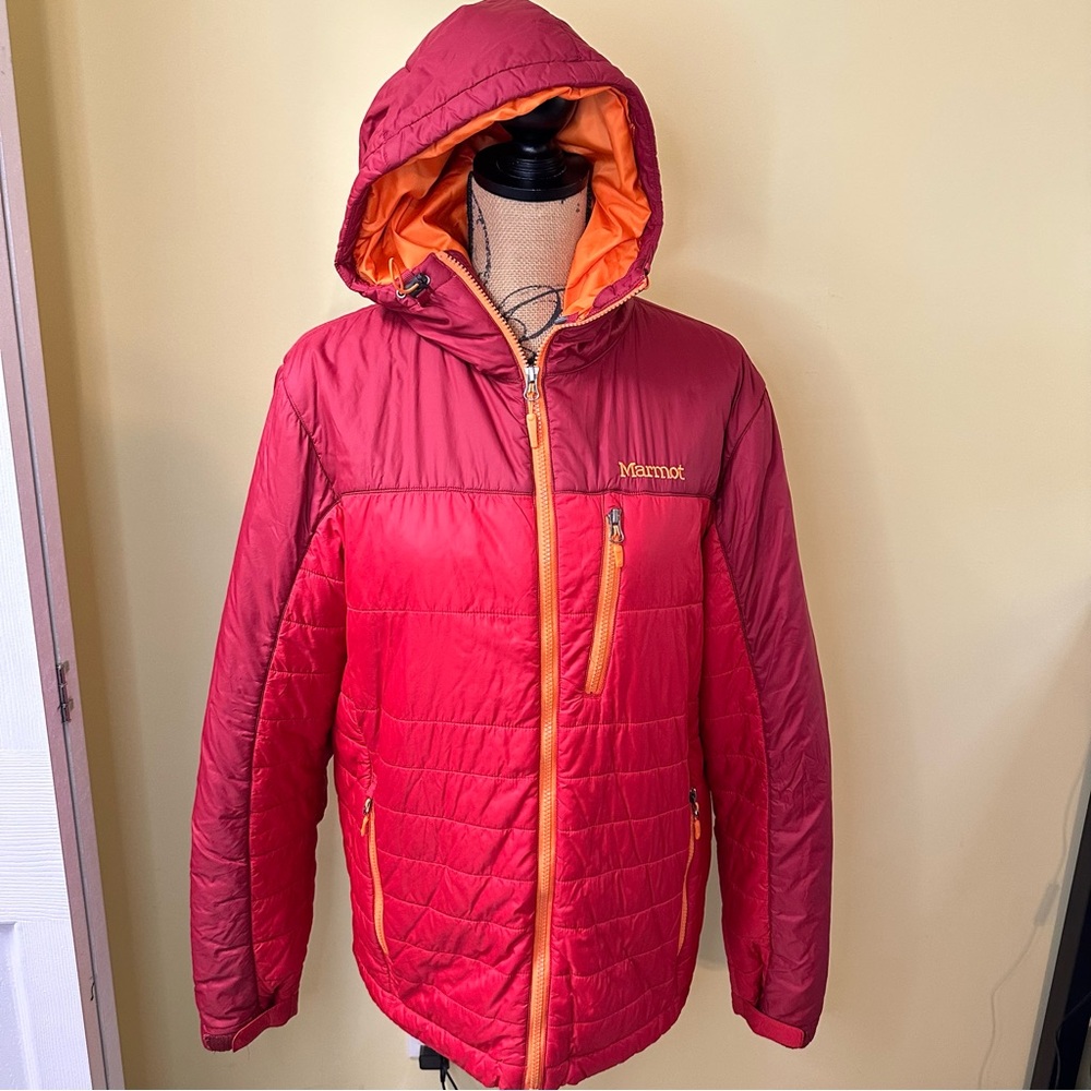 Marmot Light Puffer Hooded Jacket Red Orange Size Medium